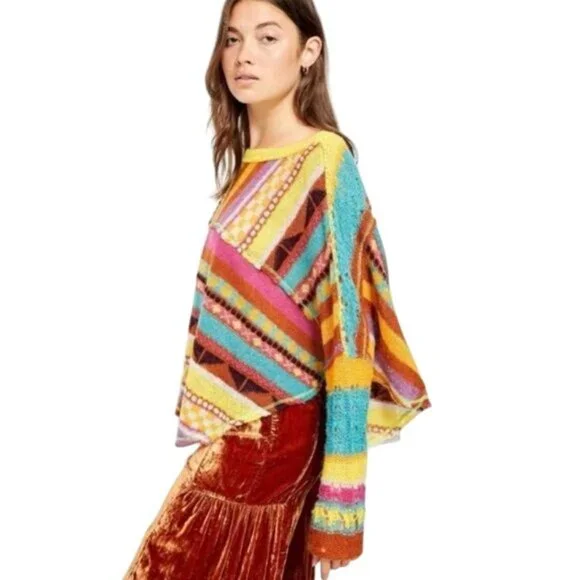 NWOT Free People Bright Multicolored Light Weight Knit Sweater Poncho - Picture 5 of 11